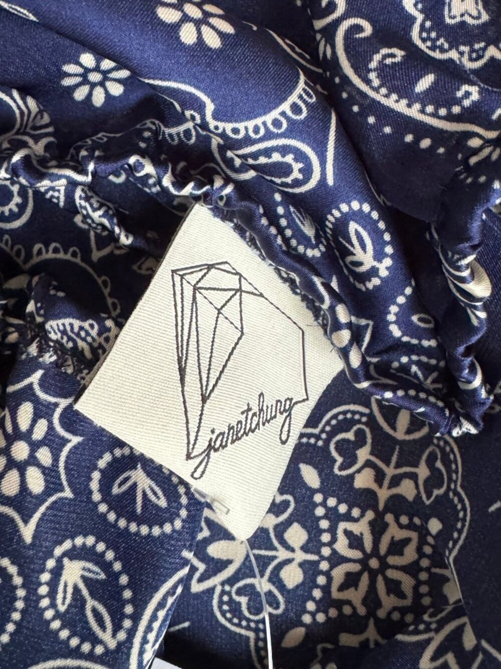 Janet Chung Bandana Paisley Print Satin Ruffle Hem Cami Crop Top Navy Blue - Picture 4 of 4